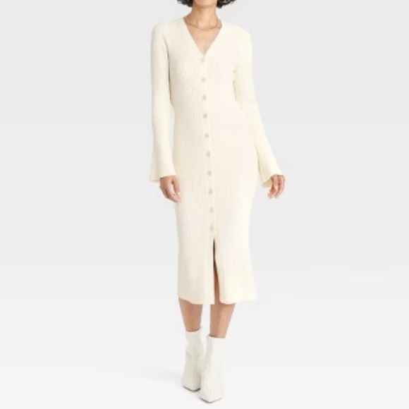 a new day Dresses & Skirts - A New Day Cream Button Front Ribbed Knit Midi Dress with Flared Cuffs - XS